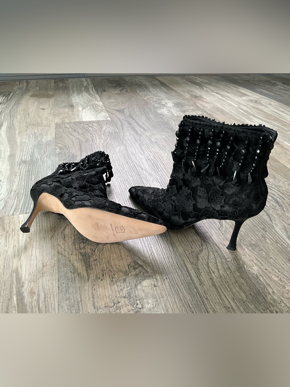 Never been worn. Manolo Blahnik Black Lace Beaded Ankle Boots - Women